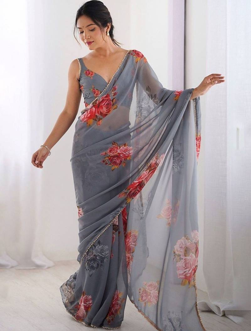 Grey floral printed beads and stones saree with blouse