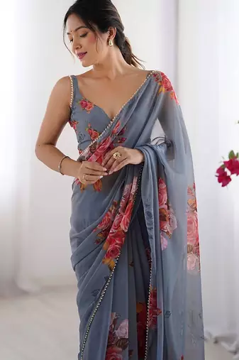 Grey floral printed beads and stones saree with blouse