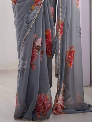 Grey floral printed beads and stones saree with blouse 4