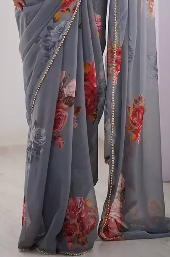 Grey floral printed beads and stones saree with blouse