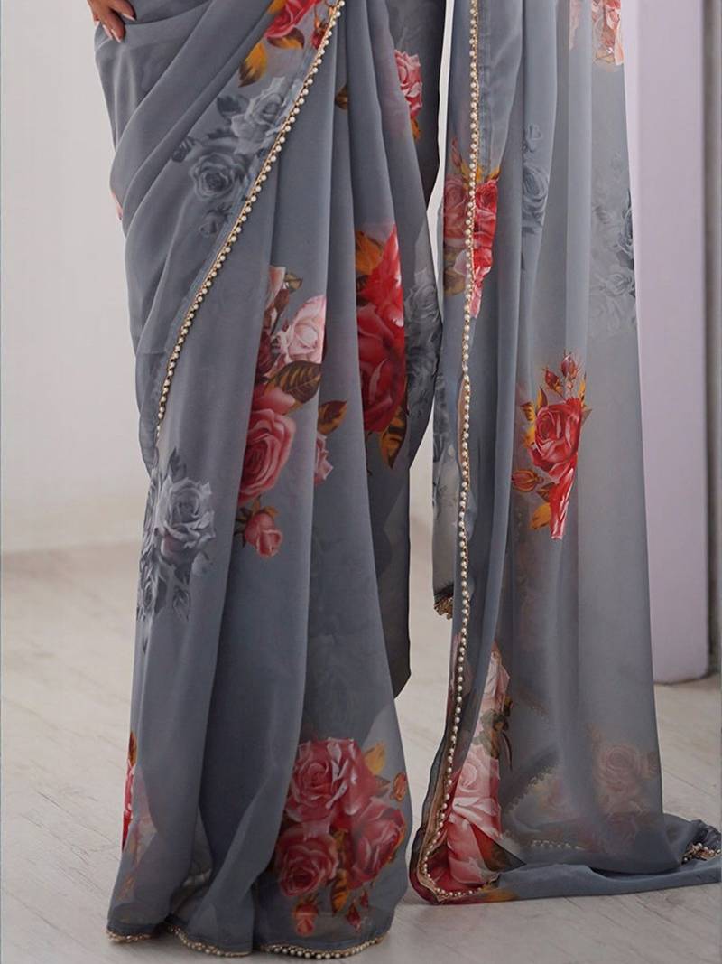 Grey floral printed beads and stones saree with blouse