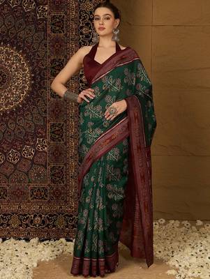 Green ethnic motifs silk cotton ikat saree 2