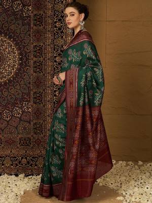 Green ethnic motifs silk cotton ikat saree 3