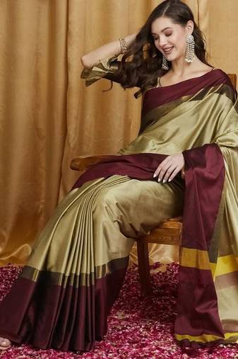 Beige silk cotton banarasi saree