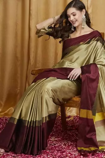 Beige silk cotton banarasi saree