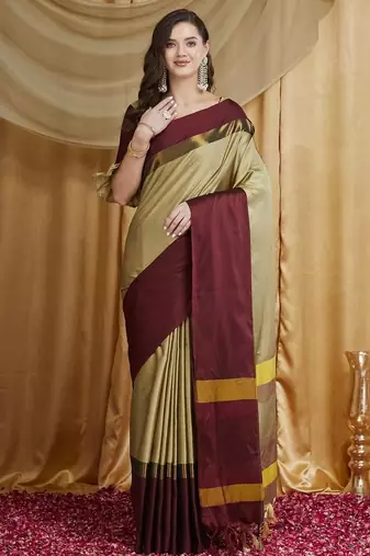 Beige silk cotton banarasi saree