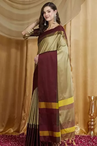Beige silk cotton banarasi saree