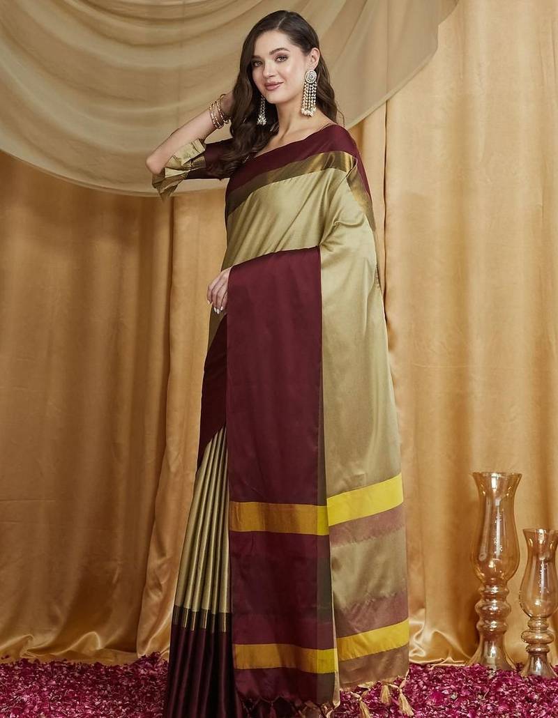 Beige silk cotton banarasi saree