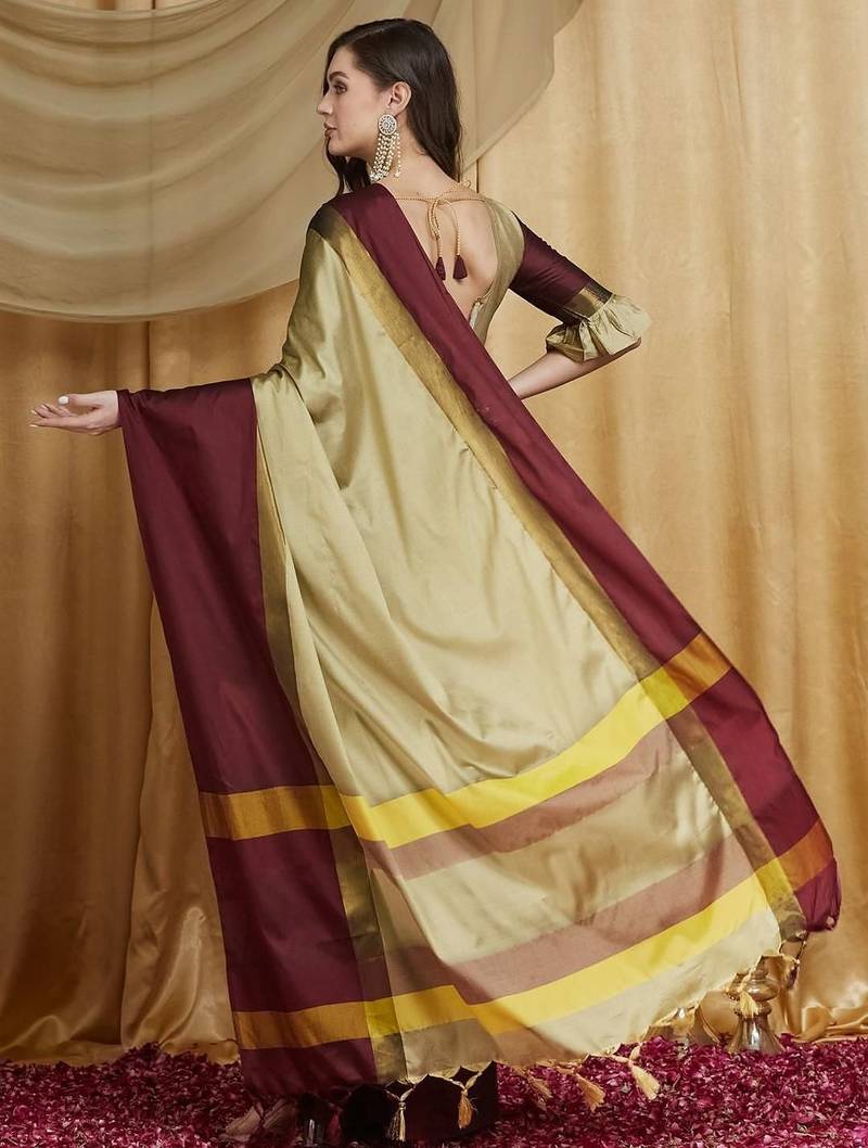 Beige silk cotton banarasi saree