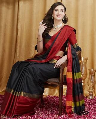 Black colourblocked zari silk cotton banarasi saree 1