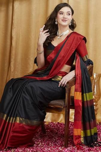 Black colourblocked zari silk cotton banarasi saree