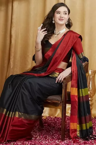 Black colourblocked zari silk cotton banarasi saree
