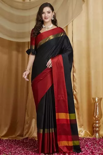 Black colourblocked zari silk cotton banarasi saree