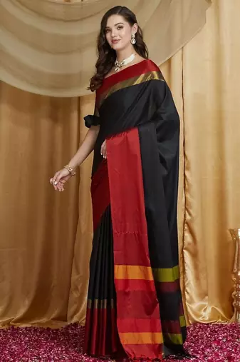 Black colourblocked zari silk cotton banarasi saree