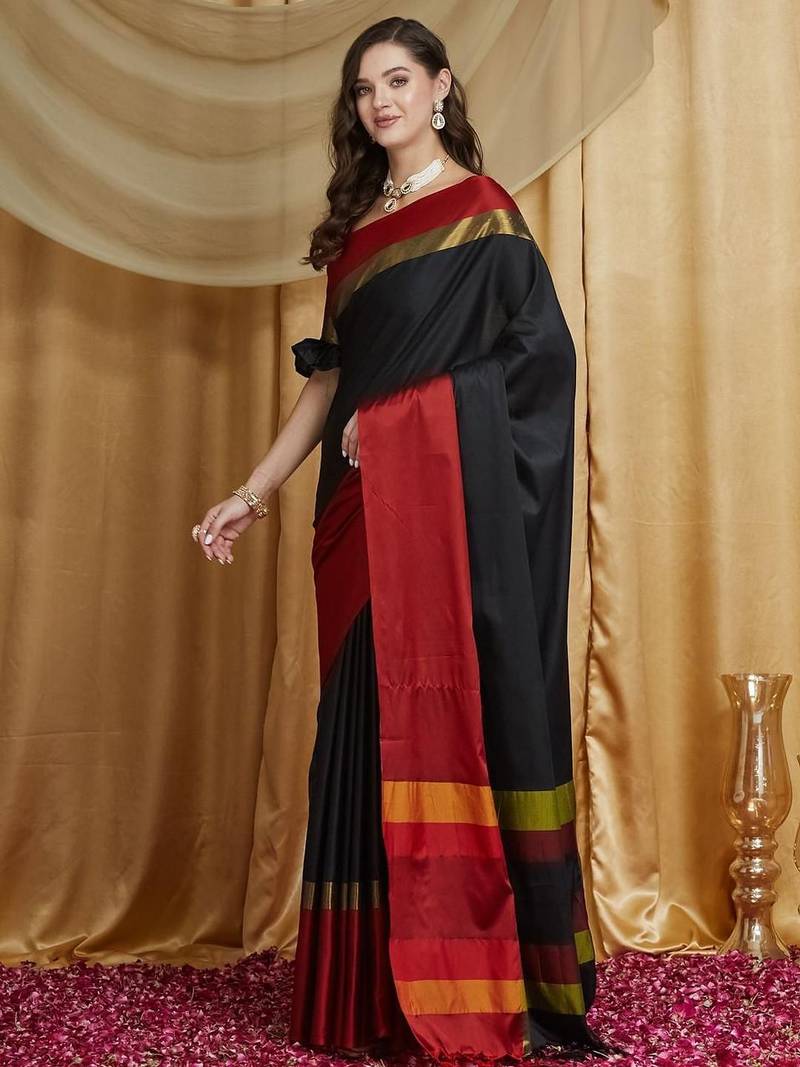 Black colourblocked zari silk cotton banarasi saree