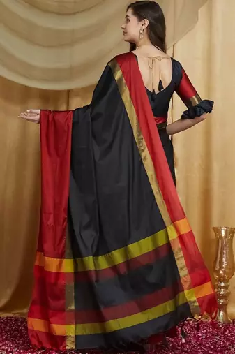 Black colourblocked zari silk cotton banarasi saree