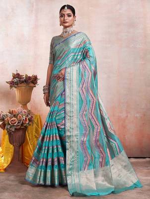 Blue kanjeevaram geometric printed woven design zari saree 1