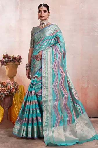 Blue kanjeevaram geometric printed woven design zari saree