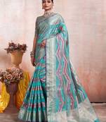 Blue kanjeevaram geometric printed woven design zari saree