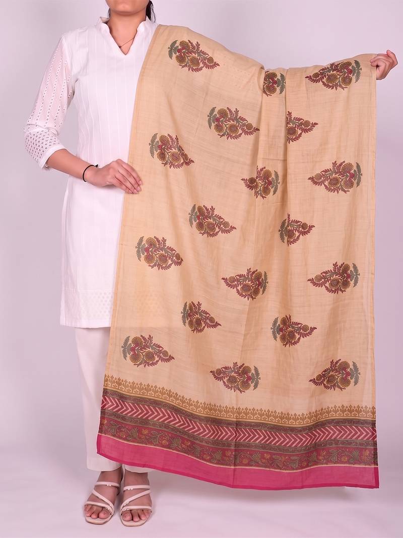 Women's beige cotton blend floral printed dupatta | stylish ethnic wear scarf for women | traditional & festive wear