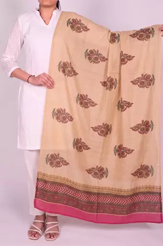 Women's beige cotton blend floral printed dupatta | stylish ethnic wear scarf for women | traditional & festive wear