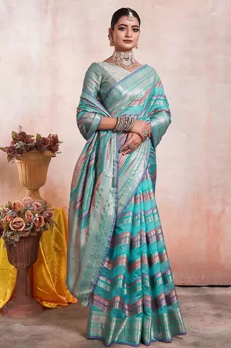 Blue kanjeevaram geometric printed woven design zari saree