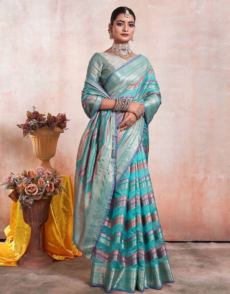 Blue kanjeevaram geometric printed woven design zari saree