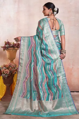 Blue kanjeevaram geometric printed woven design zari saree