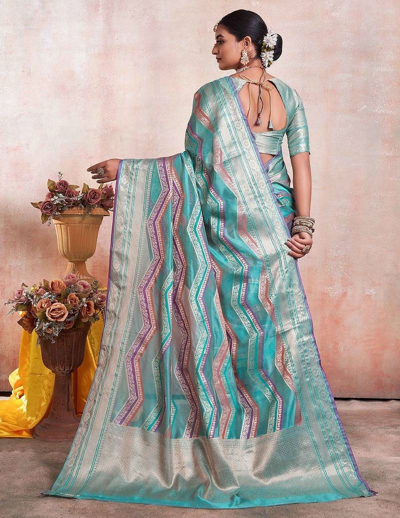 Blue kanjeevaram geometric printed woven design zari saree