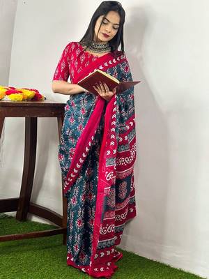 Teal ethnic motifs printed poly cotton bagh saree 1