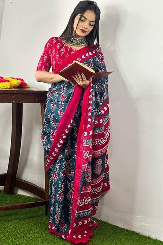 Teal ethnic motifs printed poly cotton bagh saree