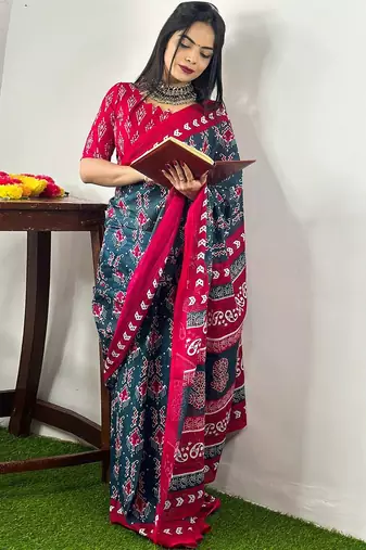 Teal ethnic motifs printed poly cotton bagh saree