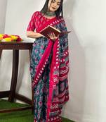 Teal ethnic motifs printed poly cotton bagh saree