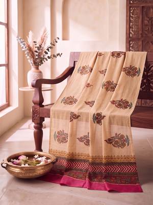Women's beige cotton blend floral printed dupatta | stylish ethnic wear scarf for women | traditional & festive wear 2