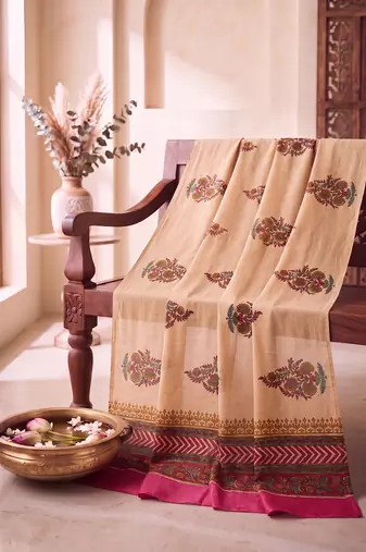 Women's beige cotton blend floral printed dupatta | stylish ethnic wear scarf for women | traditional & festive wear