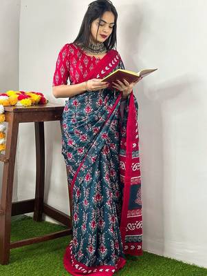 Teal ethnic motifs printed poly cotton bagh saree 2