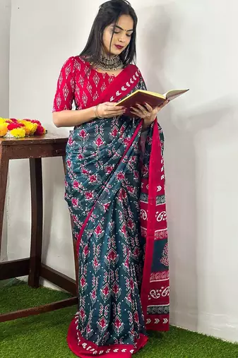 Teal ethnic motifs printed poly cotton bagh saree