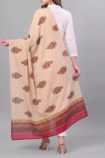 Women's beige cotton blend floral printed dupatta | stylish ethnic wear scarf for women | traditional & festive wear