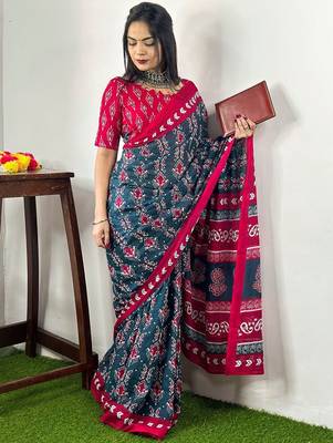 Teal ethnic motifs printed poly cotton bagh saree 3