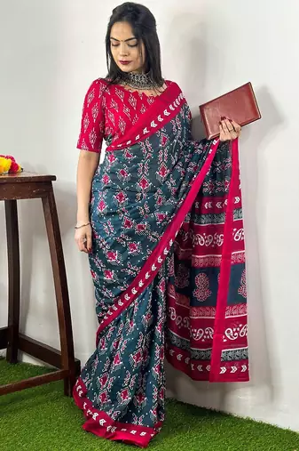 Teal ethnic motifs printed poly cotton bagh saree
