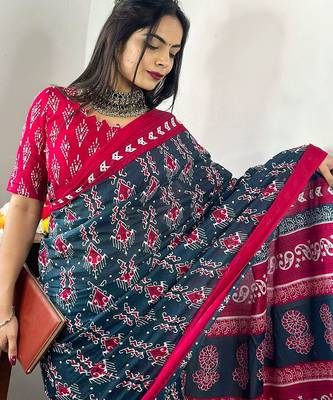 Teal ethnic motifs printed poly cotton bagh saree 4