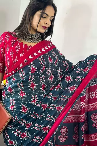 Teal ethnic motifs printed poly cotton bagh saree