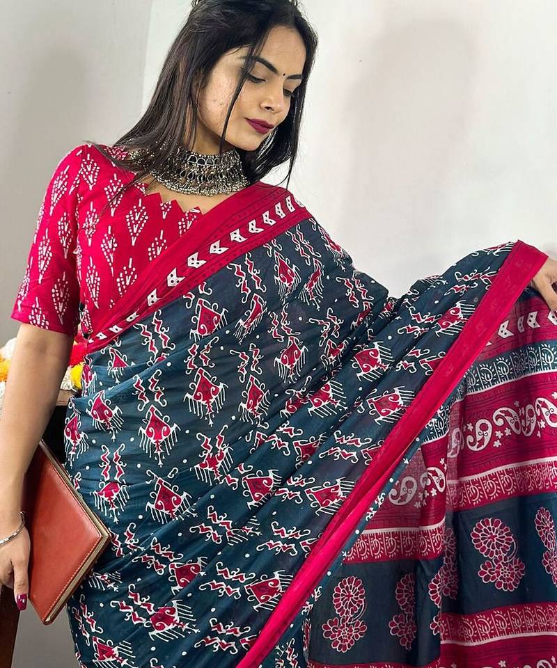 Teal ethnic motifs printed poly cotton bagh saree