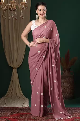 Rose floral embroidered saree