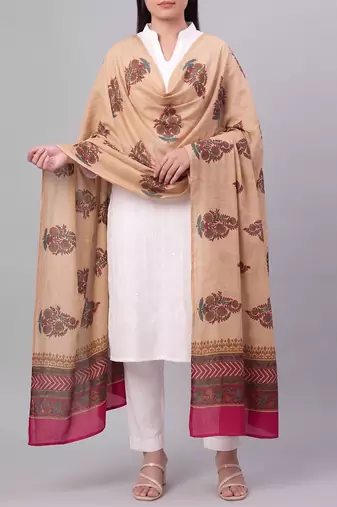 Women's beige cotton blend floral printed dupatta | stylish ethnic wear scarf for women | traditional & festive wear