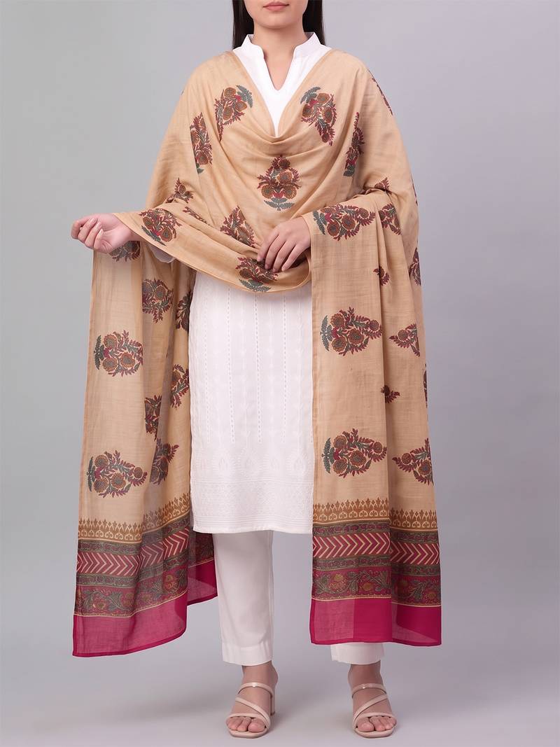 Women's beige cotton blend floral printed dupatta | stylish ethnic wear scarf for women | traditional & festive wear