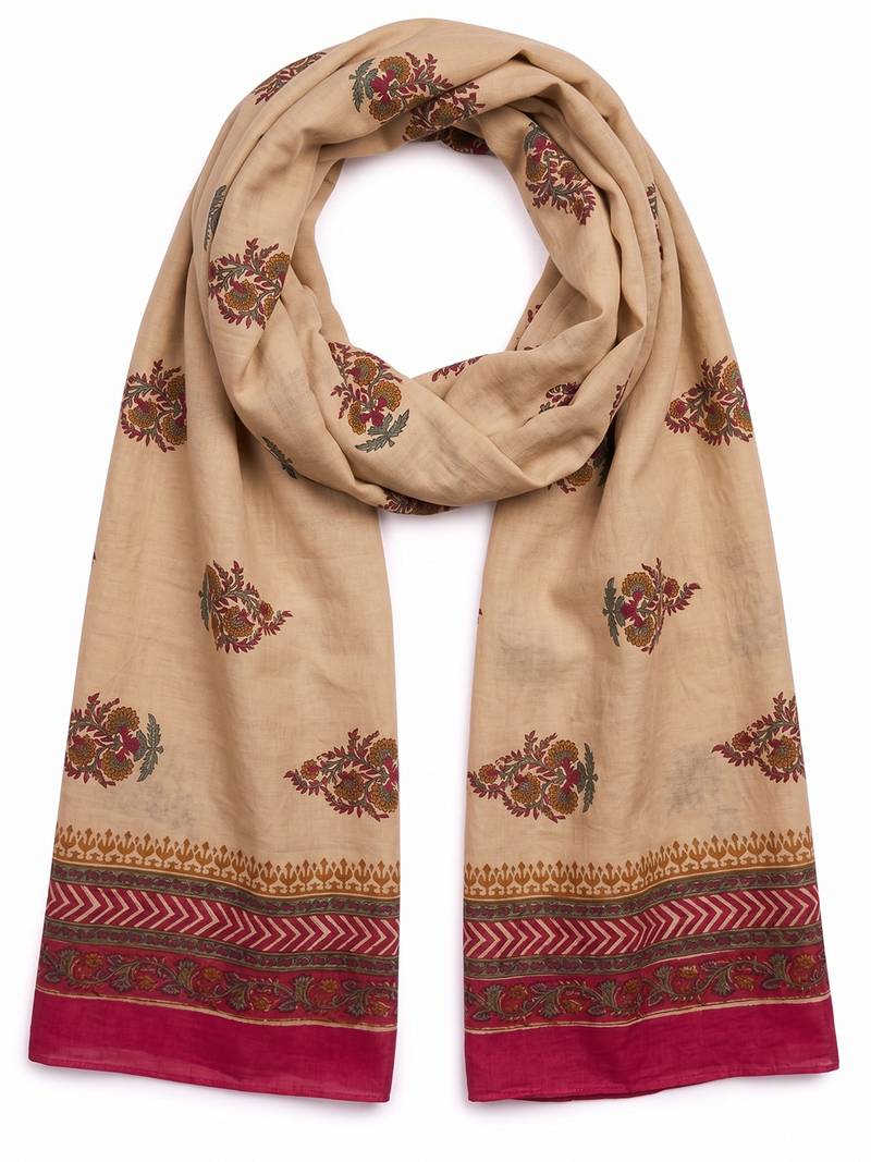 Women's beige cotton blend floral printed dupatta | stylish ethnic wear scarf for women | traditional & festive wear