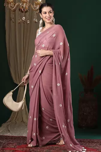 Rose floral embroidered saree