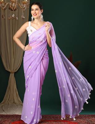 Lavender floral embroidered designer saree with blouse piece 1