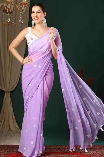 Lavender floral embroidered designer saree with blouse piece